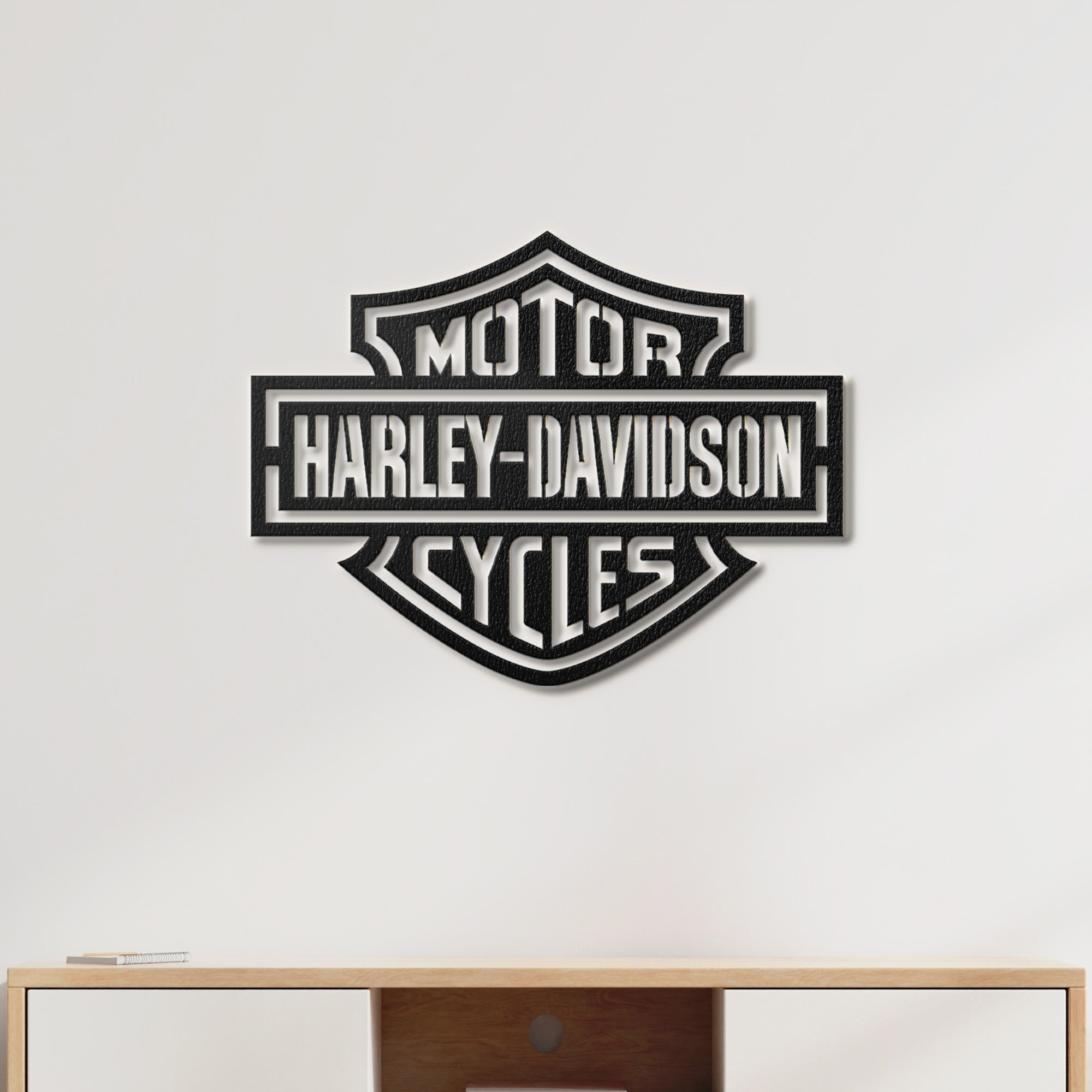 Harley Davidson wall hanging, perfect for motorcycle enthusiasts.