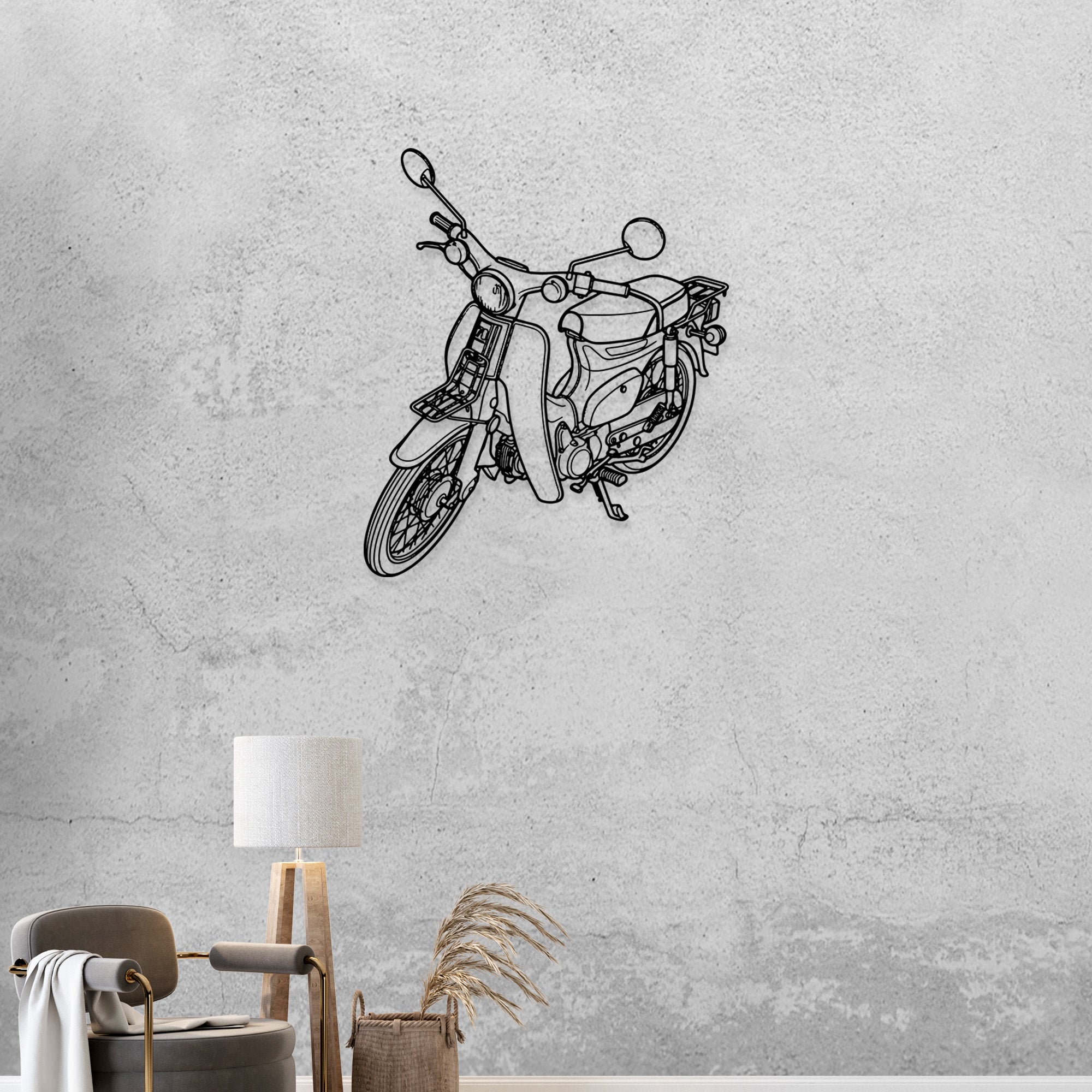 Honda C70 Passport silhouette wall hanging with 3D shadow effect.