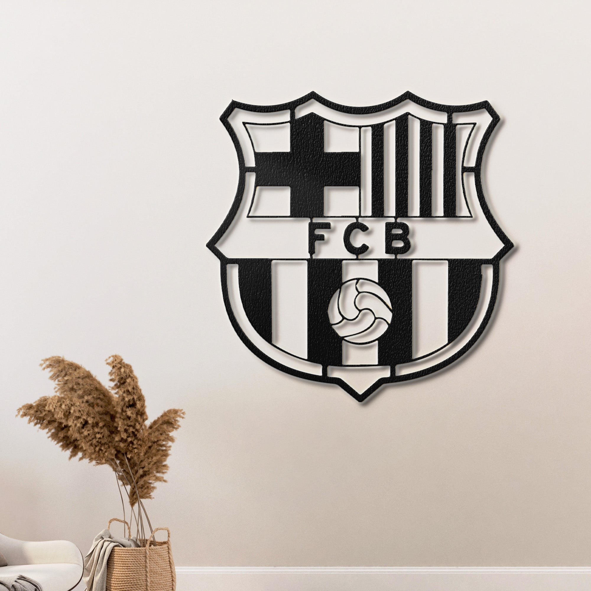 Modern metal wall art featuring the iconic FC Barcelona logo, ideal for a man cave.