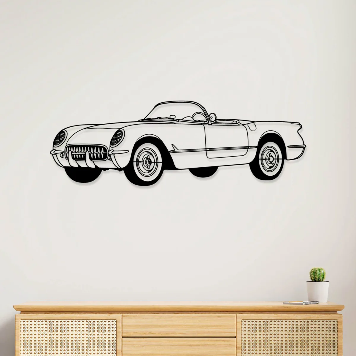 Black metal silhouette of a 1953 Chevrolet Corvette wall art