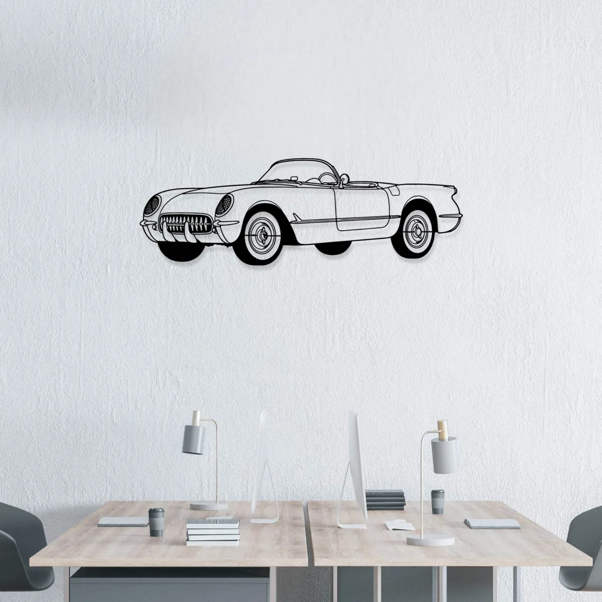 Vintage 1953 Corvette metal sign hanging on a white wall