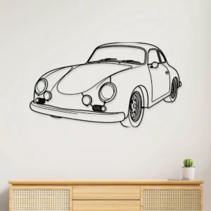 Black metal outline art of a 1960 Porsche 356B on a white wall.