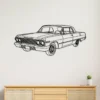Black metal outline art of a 1963 Chevrolet Impala on a white wall above a wooden cabinet.