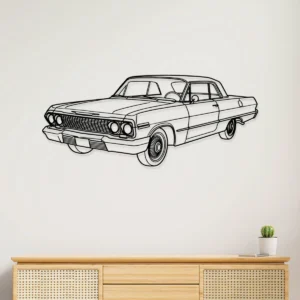 Black metal outline art of a 1963 Chevrolet Impala on a white wall above a wooden cabinet.