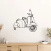Black metal outline of a 1965 Vespa 150 Super with sidecar on a white wall.