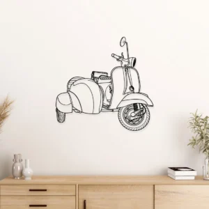Black metal outline of a 1965 Vespa 150 Super with sidecar on a white wall.