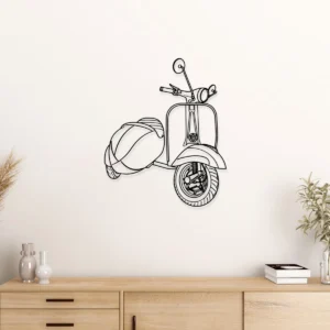 Black metal outline of a 1965 Vespa 150 Super with a sidecar on a white wall.