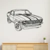 Black metal outline art of a 1970 Ford Mustang on a white wall
