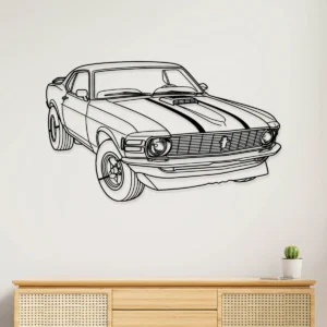 Black metal outline art of a 1970 Ford Mustang on a white wall