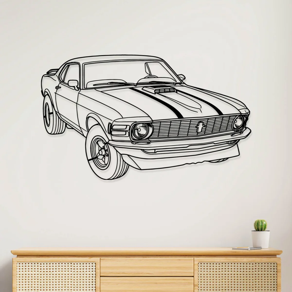 1970 Ford Mustang Metal Art Classic Muscle Car Decor Garage Man Cave Sign Retro Auto Gift Fabia Home Black metal outline art of a 1970 Ford Mustang on a white wall