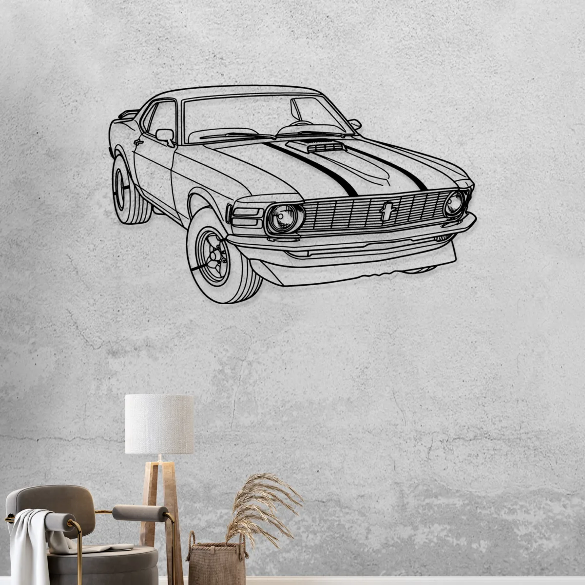 1970 Ford Mustang Metal Art Classic Muscle Car Decor Garage Man Cave Sign Retro Auto Gift Fabia Home Dynamic angle of the 1970 Ford Mustang metal sign with racing stripes