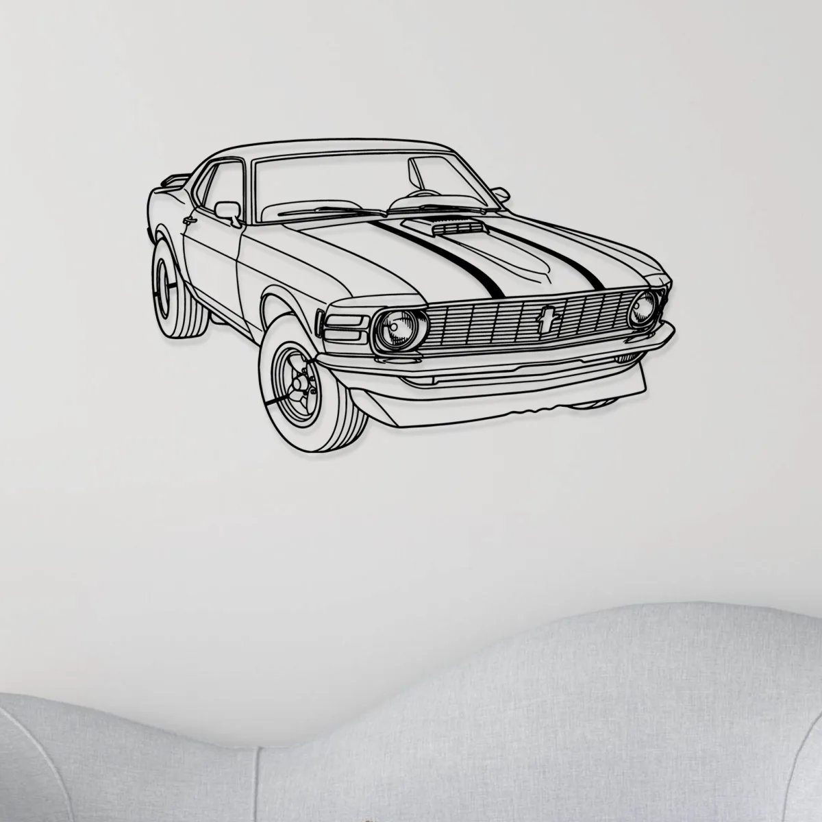 1970 Ford Mustang Metal Art Classic Muscle Car Decor Garage Man Cave Sign Retro Auto Gift Fabia Home Full view of the iconic 1970 Ford Mustang laser cut metal art in a modern room