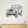 Black metal outline of a 1977 Toyota Land Cruiser wall art.