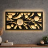Large abstract geometric sun metal wall art with LED backlighting.