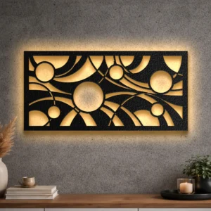 Large abstract geometric sun metal wall art with LED backlighting.