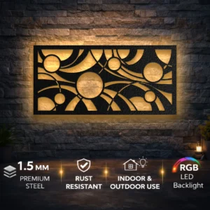 Abstract Geometric Sun Pattern Metal Wall Art, Oversized Rustic Modern Decor, Optional RGB LED, Housewarming Gift