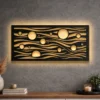 A large abstract sun and waves metal wall art with optional RGB LED lighting.