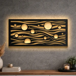 A large abstract sun and waves metal wall art with optional RGB LED lighting.