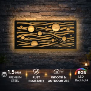 Abstract Sun and Waves Metal Wall Art, Oversized Rustic Ocean Decor, Optional RGB LED, Modern Home Gift