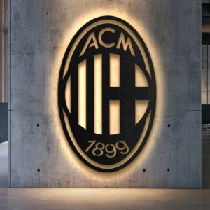 Black metal AC Milan logo wall art with LED backlight on a concrete wall.