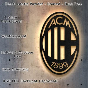 AC Milan Metal Logo Sign, Serie A Football Club Art, LED Game Room Decor, Soccer Fan Gift