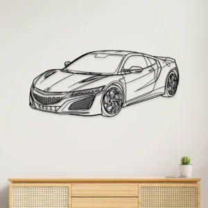 Black metal silhouette wall art of an Acura NSX supercar.
