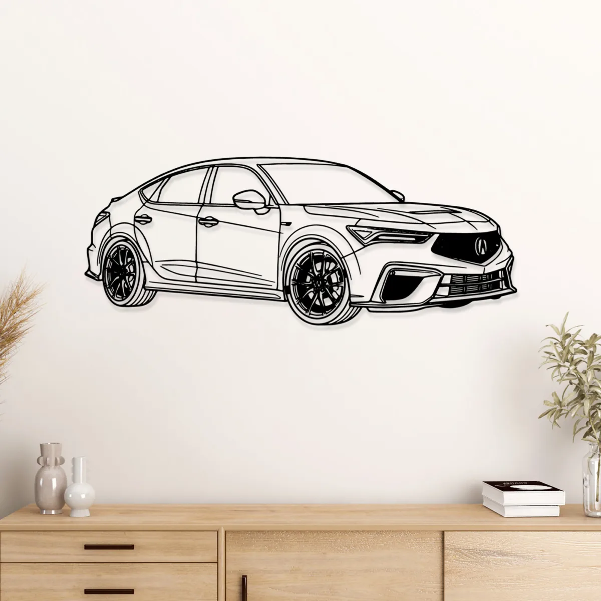 Side profile view of a sleek Acura TLX Type S metal wall decor