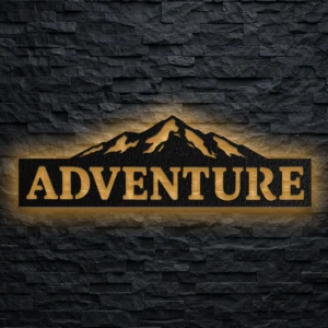 Oversized Adventure Mountain metal sign with a rustic finish, perfect for a cabin wall.