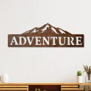 Adventure Mountain Metal Sign, Oversized Rustic Wall Decor, Mountain Silhouette Art, Optional RGB LED, Explorer Gift