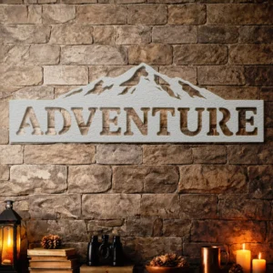 Adventure Mountain Metal Sign, Oversized Rustic Wall Decor, Mountain Silhouette Art, Optional RGB LED, Explorer Gift