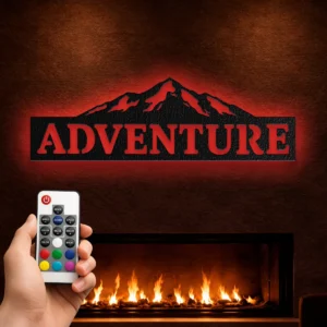 Adventure Mountain Metal Sign, Oversized Rustic Wall Decor, Mountain Silhouette Art, Optional RGB LED, Explorer Gift
