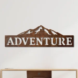 Adventure Mountain Metal Sign, Oversized Rustic Wall Decor, Mountain Silhouette Art, Optional RGB LED, Explorer Gift