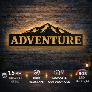 Adventure Mountain Metal Sign, Oversized Rustic Wall Decor, Mountain Silhouette Art, Optional RGB LED, Explorer Gift