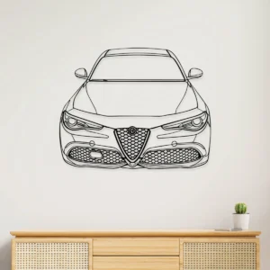 Black metal outline of Alfa Romeo Giulia front view on white wall.