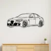 Black metal Alfa Romeo Giulia Quadrifoglio wall art on a white wall.