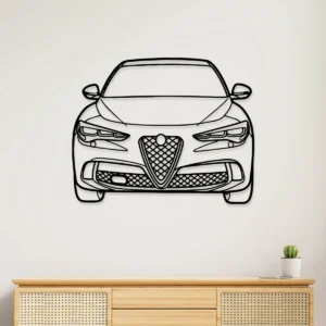 Black metal outline of Alfa Romeo Stelvio Quadrifoglio front view.