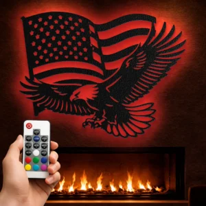 American Flag Eagle Metal Art, Oversized Rustic Patriotic Decor, USA Themed Wall Sign, Optional LED, Veteran Gift