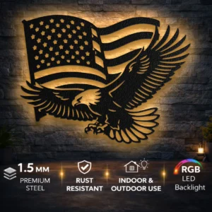American Flag Eagle Metal Art, Oversized Rustic Patriotic Decor, USA Themed Wall Sign, Optional LED, Veteran Gift