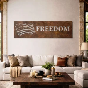 American Flag Freedom Metal Sign, Oversized Rustic Patriotic Wall Art, Optional RGB LED, Veteran Home Gift