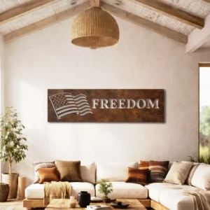 American Flag Freedom Metal Sign, Oversized Rustic Patriotic Wall Art, Optional RGB LED, Veteran Home Gift