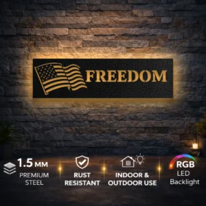 American Flag Freedom Metal Sign, Oversized Rustic Patriotic Wall Art, Optional RGB LED, Veteran Home Gift