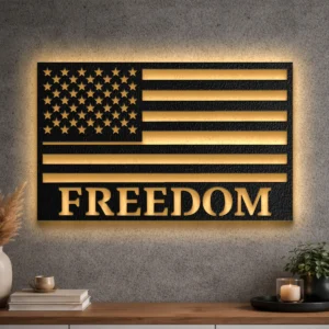 Large American Flag Freedom metal wall art with optional RGB LED lighting.