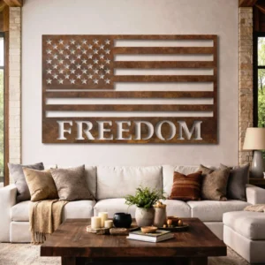 American Flag Freedom Metal Wall Art, Oversized Rustic Patriotic Decor, Optional RGB LED, Veteran Home Gift