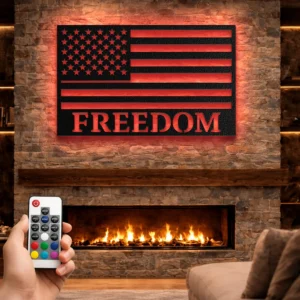 American Flag Freedom Metal Wall Art, Oversized Rustic Patriotic Decor, Optional RGB LED, Veteran Home Gift