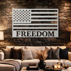 American Flag Freedom Metal Wall Art, Oversized Rustic Patriotic Decor, Optional RGB LED, Veteran Home Gift
