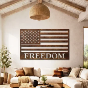 American Flag Freedom Metal Wall Art, Oversized Rustic Patriotic Decor, Optional RGB LED, Veteran Home Gift