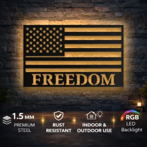 American Flag Freedom Metal Wall Art, Oversized Rustic Patriotic Decor, Optional RGB LED, Veteran Home Gift