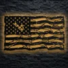Large rustic American flag metal wall art with LED backlighting.
