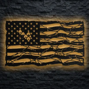 Large rustic American flag metal wall art with LED backlighting