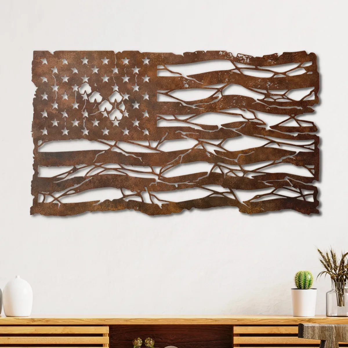 American Flag Metal Wall Art Oversized Rustic Distressed Decor Patriotic Home Sign Optional RGB LED Veteran Gift Fabia Home Oversized distressed USA flag sign for patriotic home decor